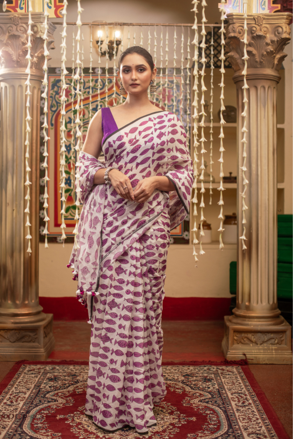 White & Purple Pure Mul Cotton Fish Hand Printed Saree