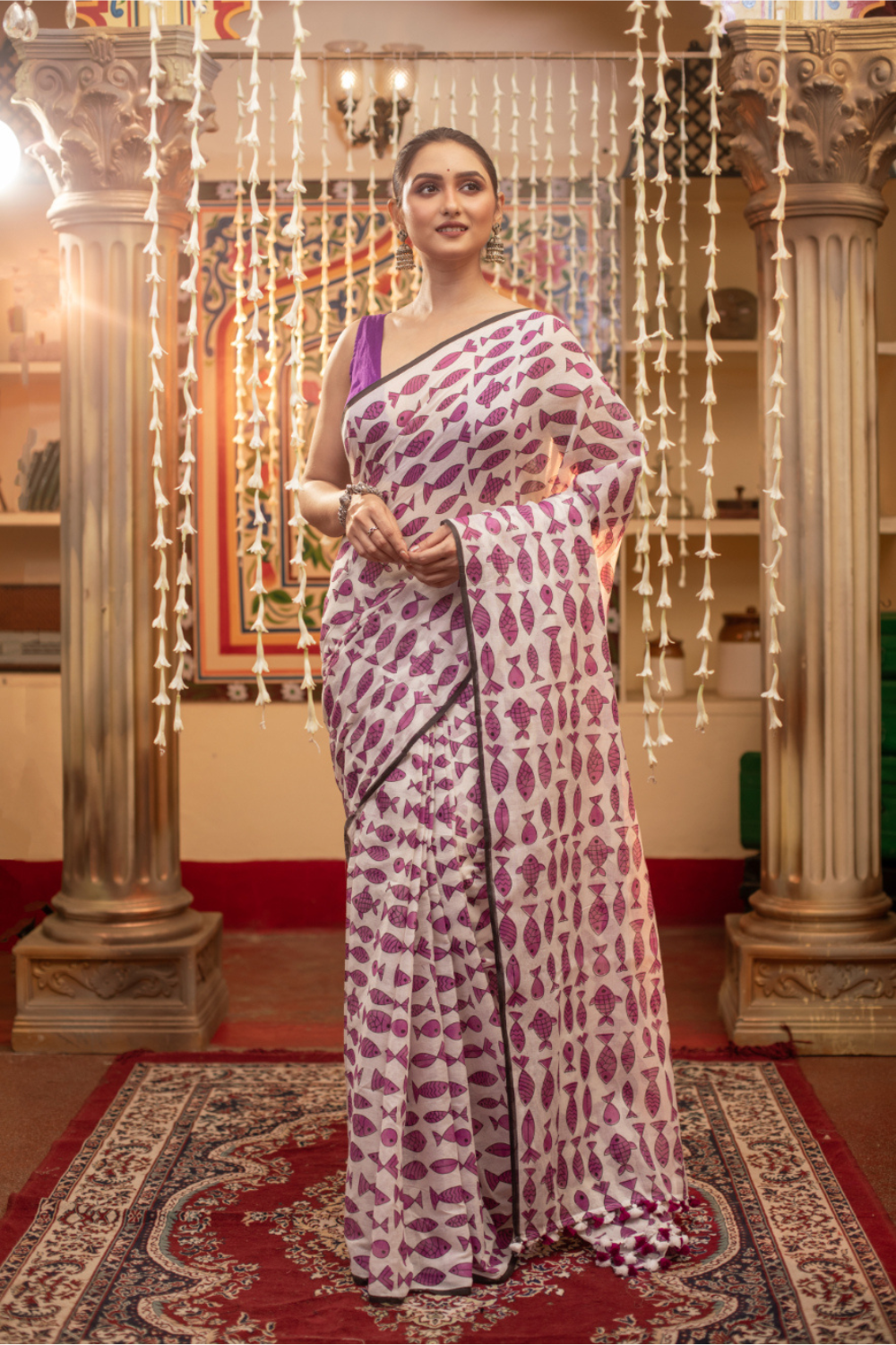 White & Purple Pure Mul Cotton Fish Hand Printed Saree