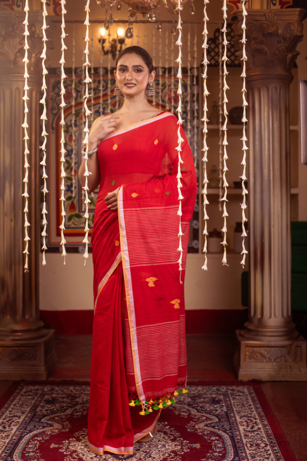 Red Pure Mul Cotton Handloom Jamdani Saree