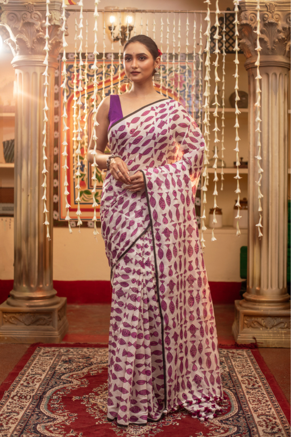 White & Purple Pure Mul Cotton Fish Hand Printed Saree