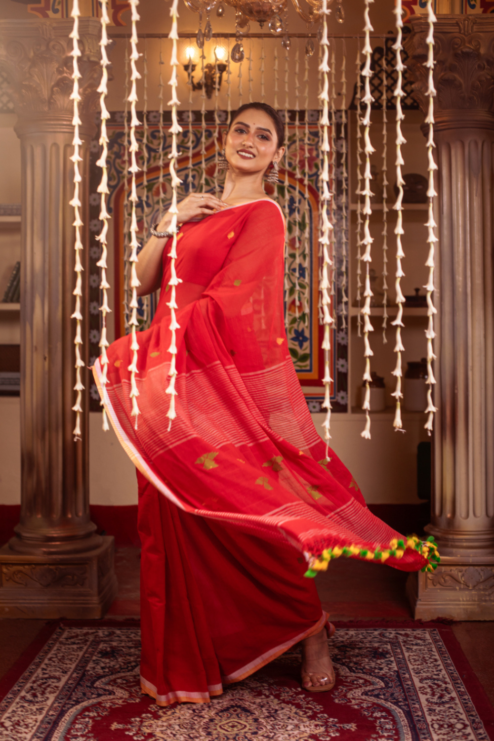 Red Pure Mul Cotton Handloom Jamdani Saree