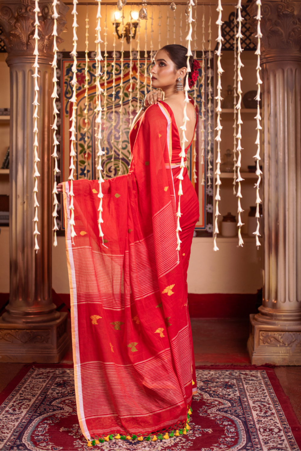 Red Pure Mul Cotton Handloom Jamdani Saree