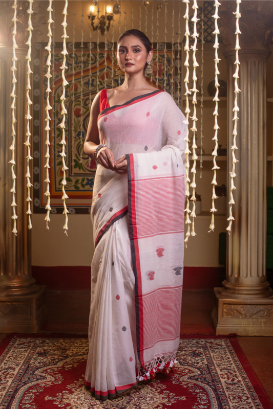 White Pure Mul Cotton Handloom Jamdani Saree