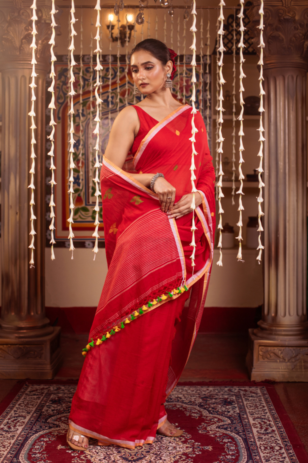 Red Pure Mul Cotton Handloom Jamdani Saree