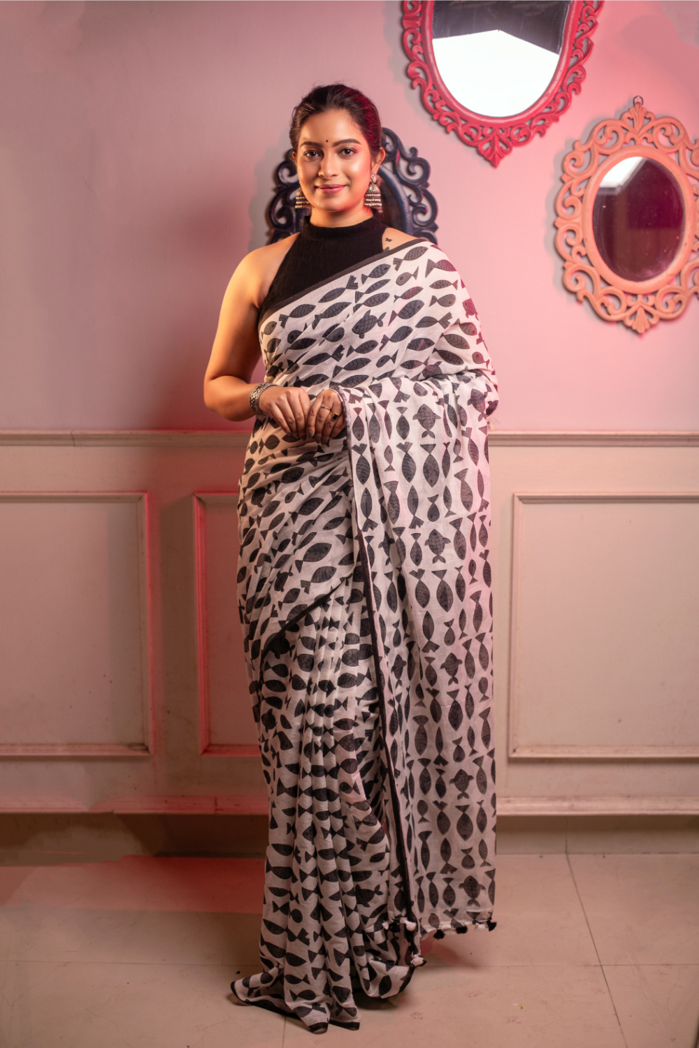 White & Black Pure Mul Cotton Fish Hand Printed Saree