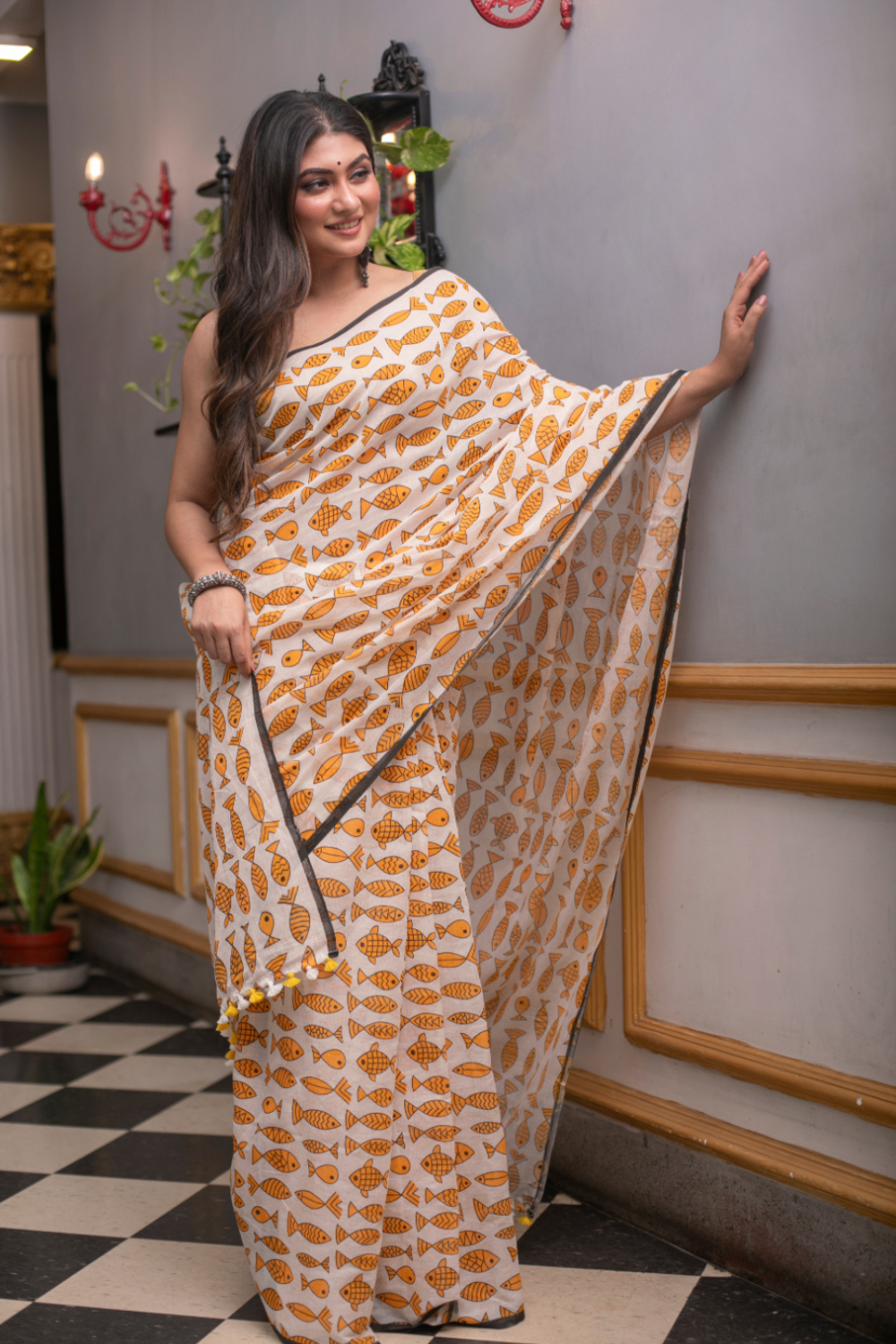 White & Orange Pure Mul Cotton Fish Hand Printed Saree