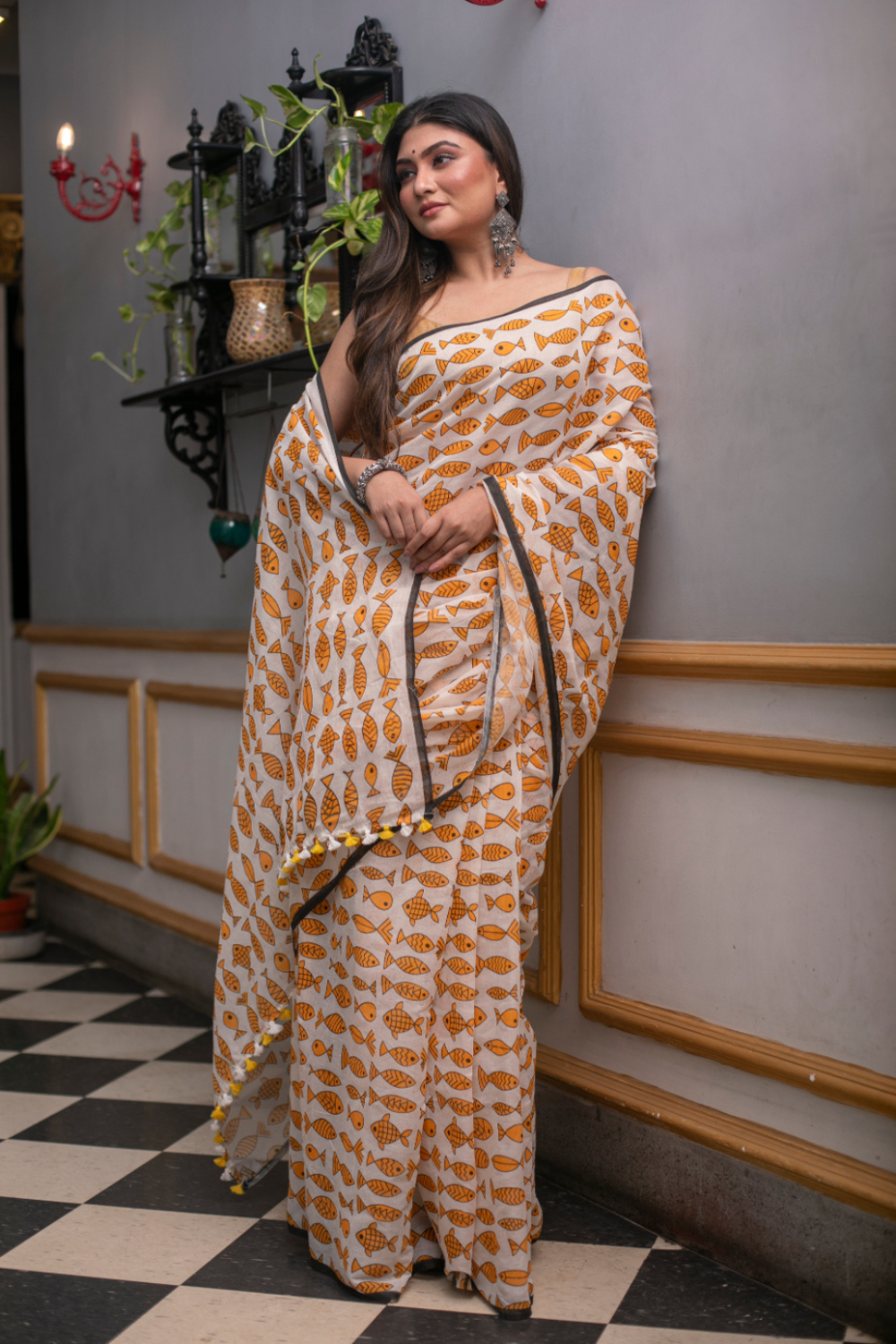 White & Orange Pure Mul Cotton Fish Hand Printed Saree