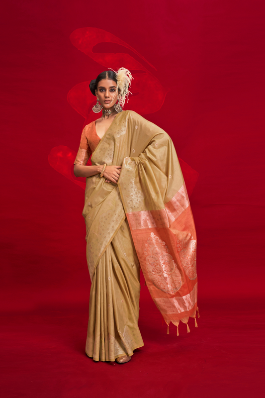 Beige Tussar Handloom Weaving Silk Saree