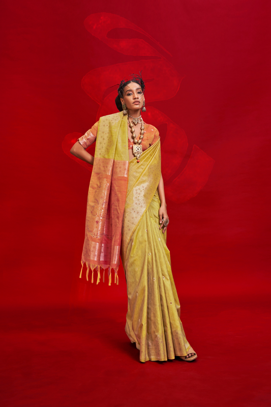 Yellow Tussar Handloom Weaving Silk Saree