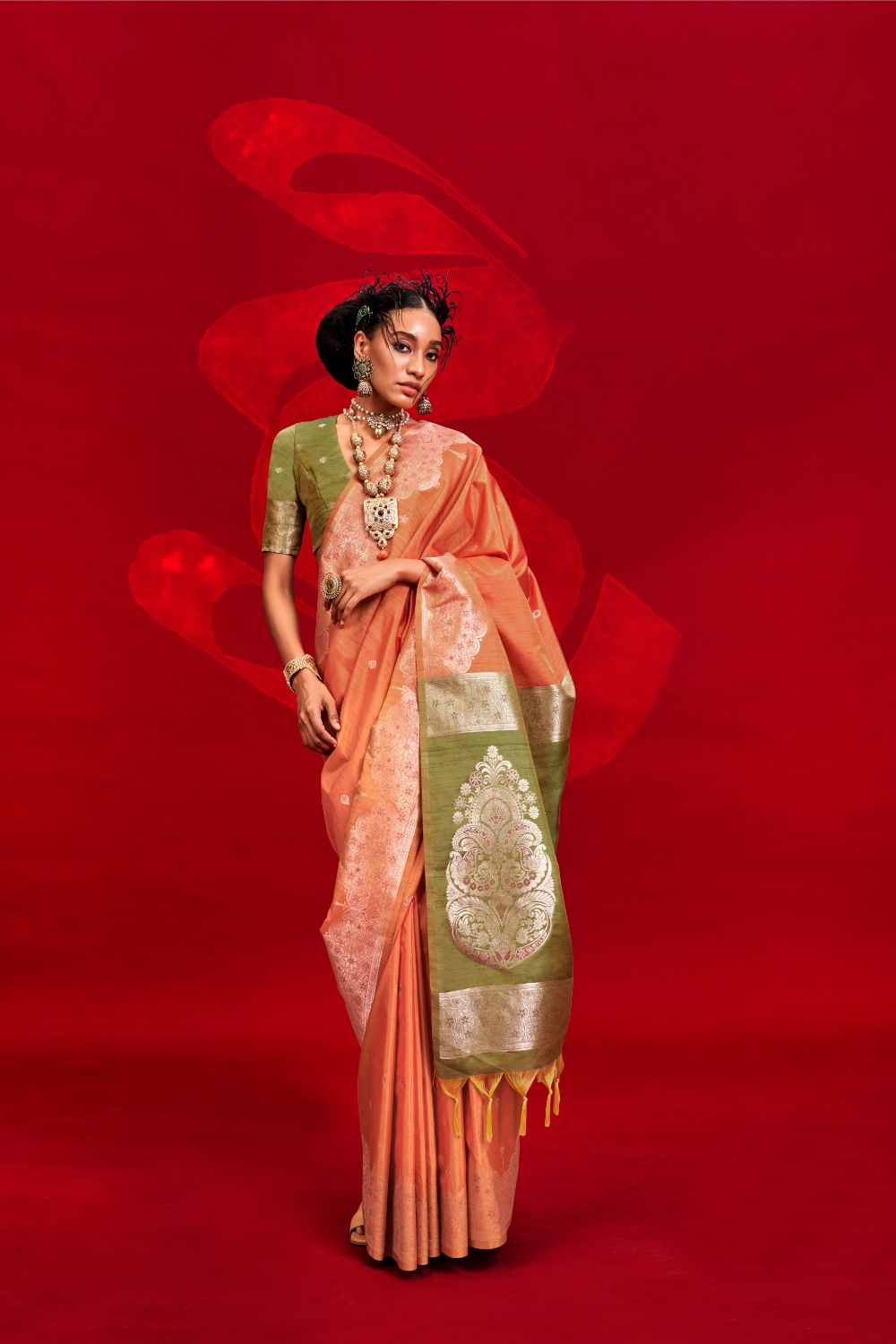 Light Orange Tussar Handloom Weaving Silk Saree