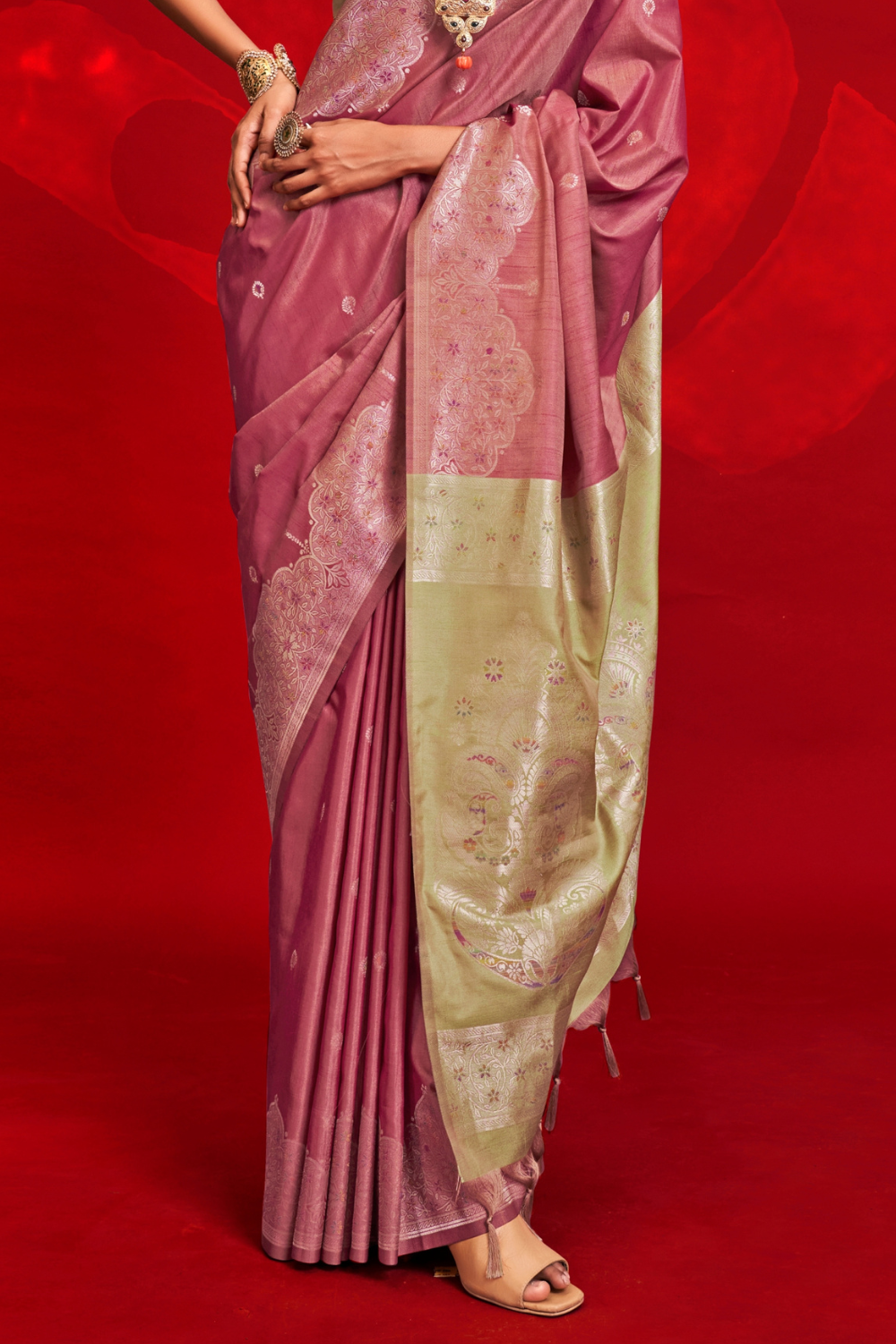 Pink Tussar Handloom Weaving Silk Saree