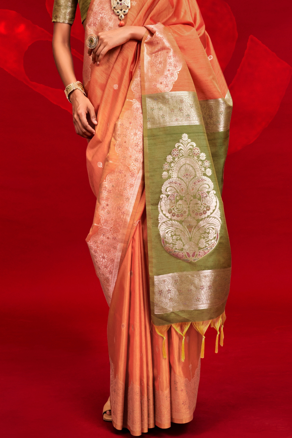 Light Orange Tussar Handloom Weaving Silk Saree