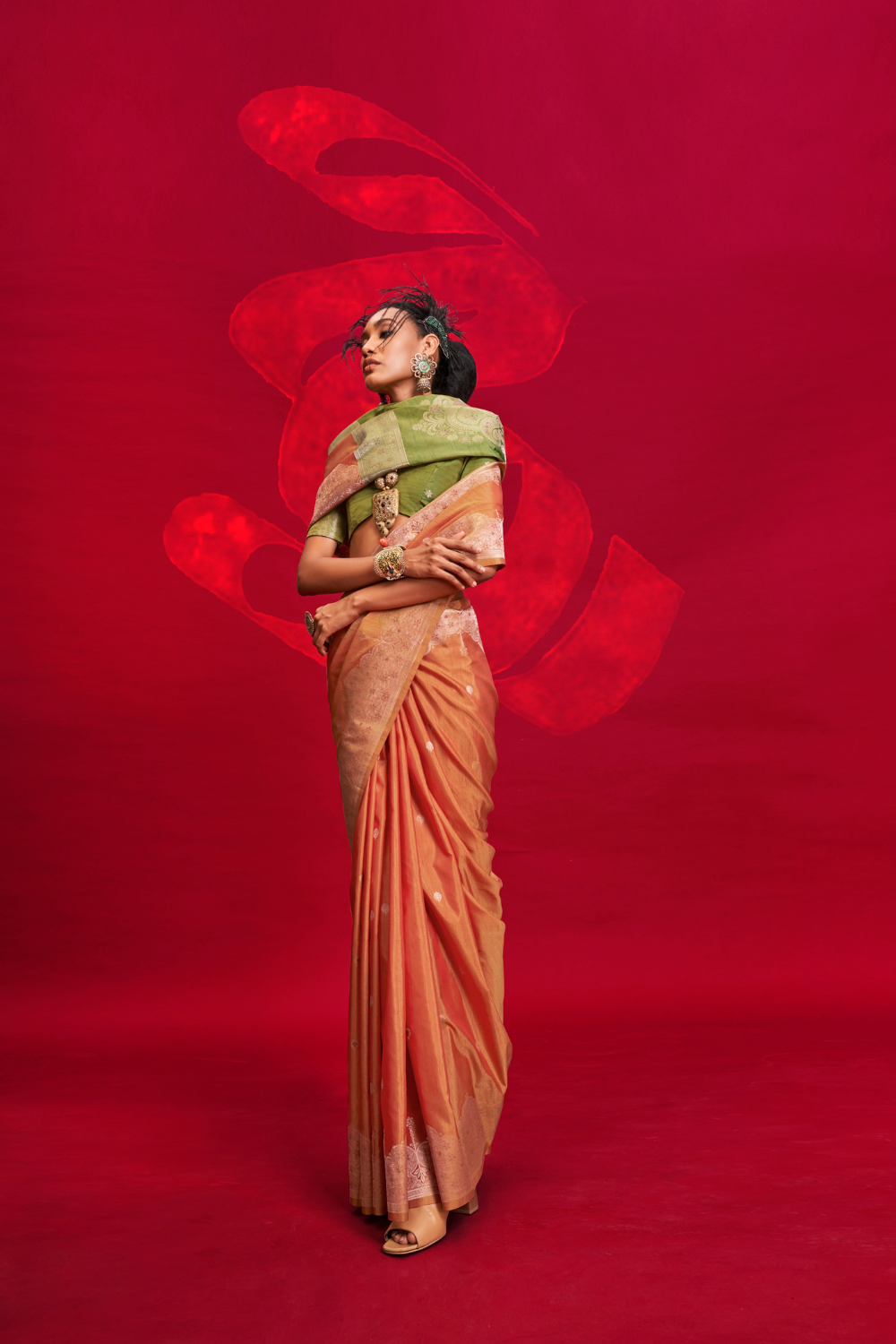 Light Orange Tussar Handloom Weaving Silk Saree