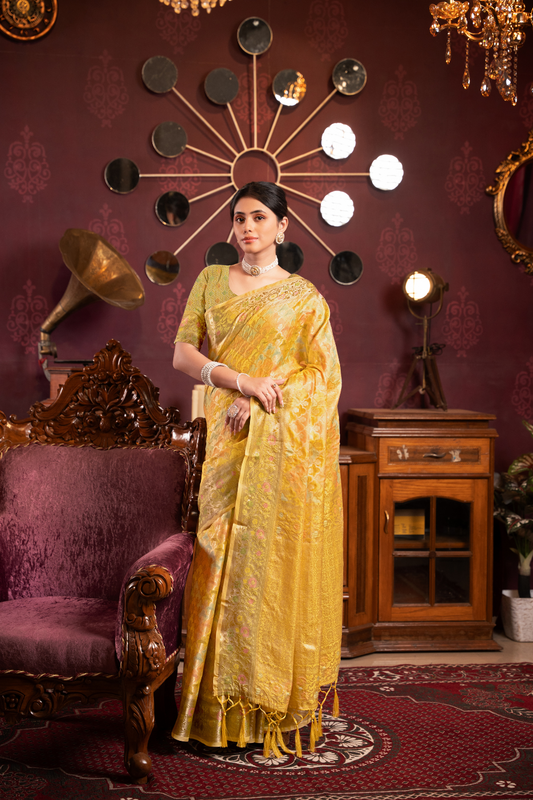 Yellow Organza Silk Saree With Woven Zari Work