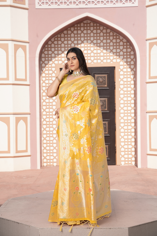 Yellow Banarasi Cotton Silk Saree