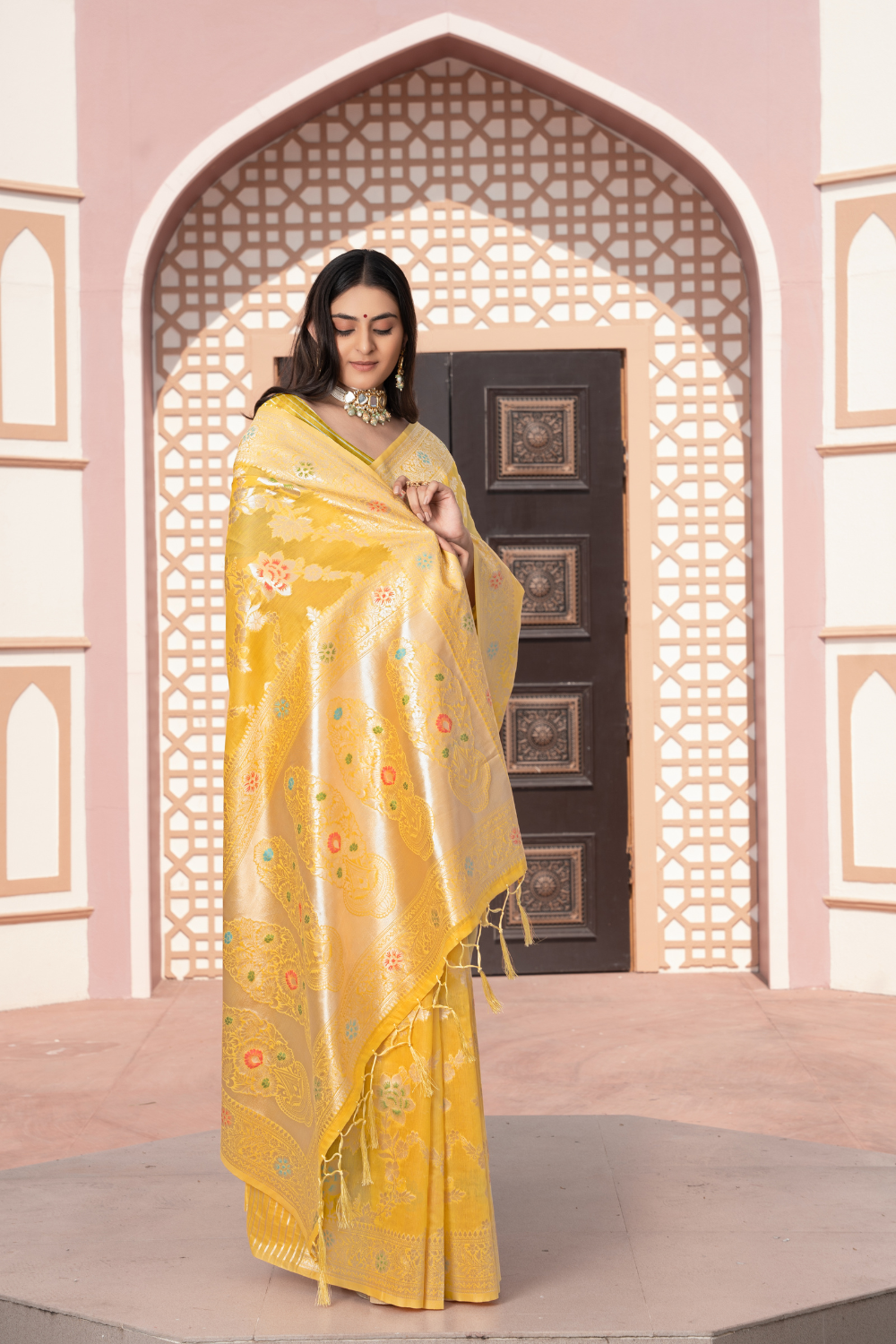 Yellow Banarasi Cotton Silk Saree