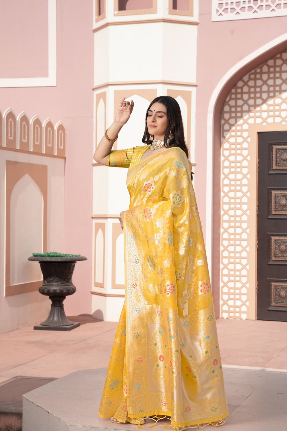 Yellow Banarasi Cotton Silk Saree