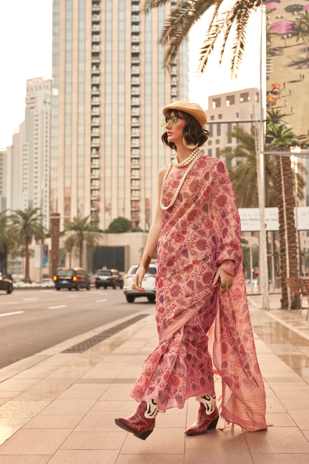 Pink Printed Zari Tissue Saree