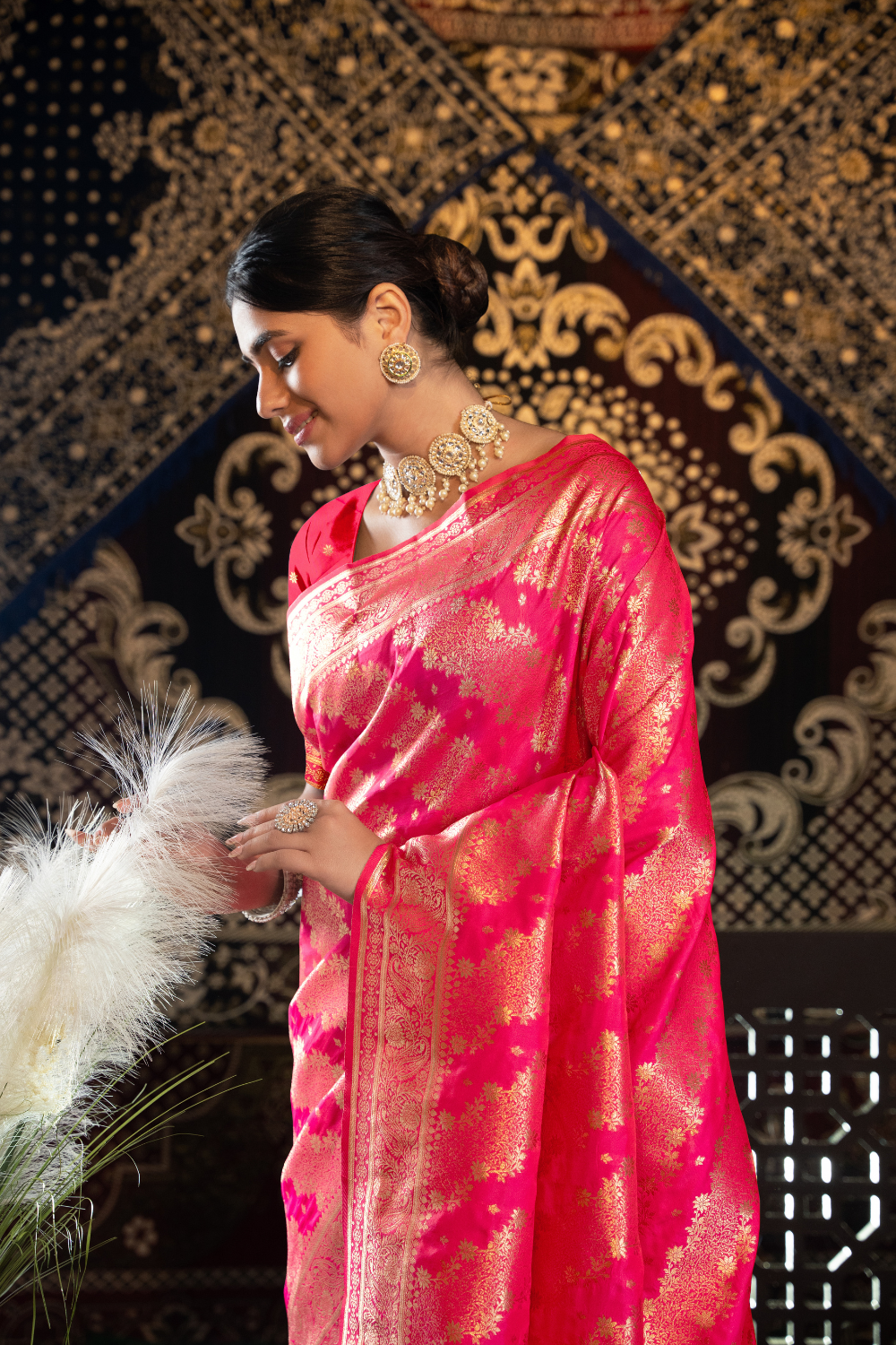 Peachish Pink Banarasi Silk with Zari Woven Saree