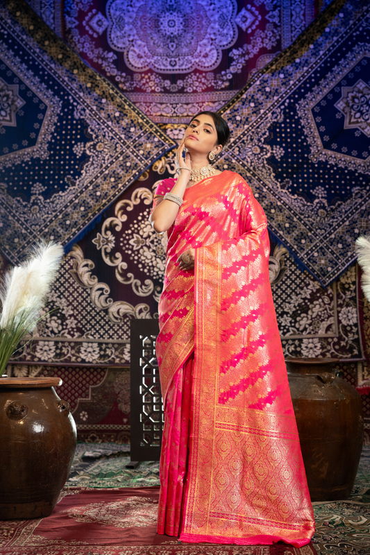 Peachish Pink Banarasi Silk with Zari Woven Saree