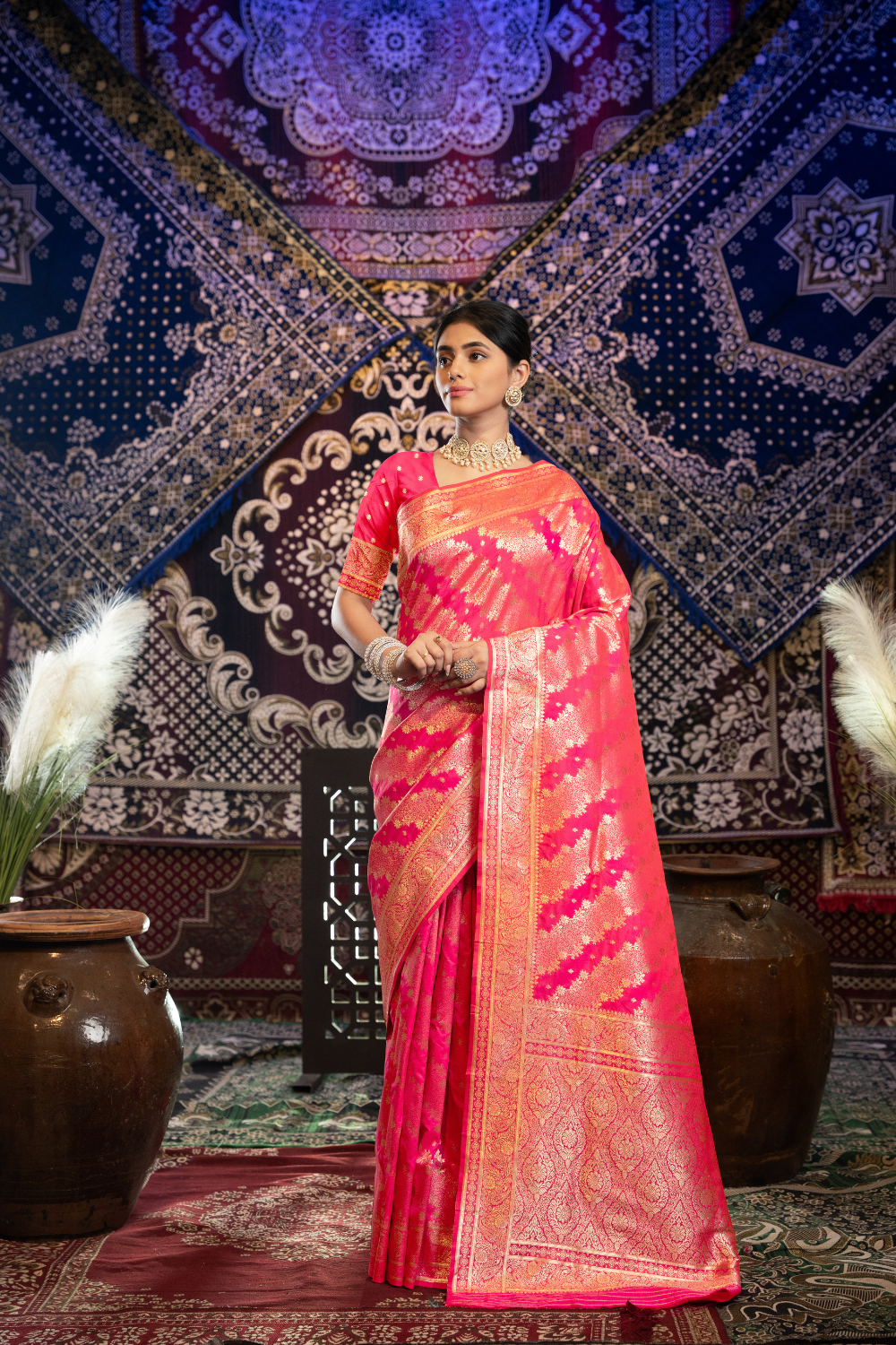 Peachish Pink Banarasi Silk with Zari Woven Saree