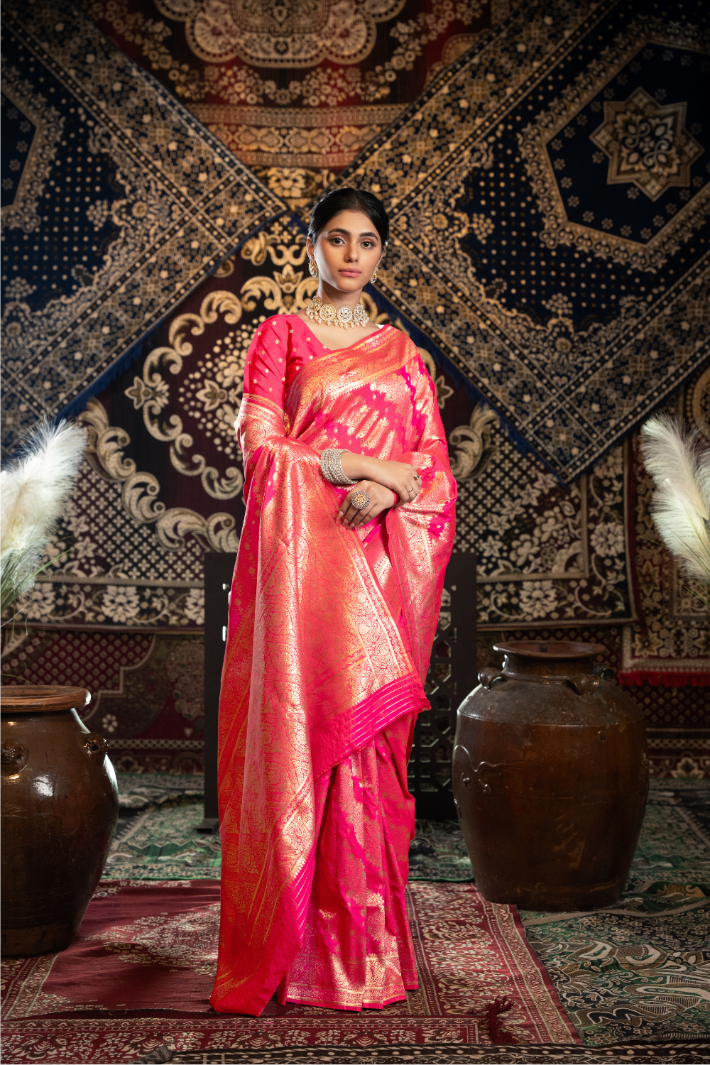 Peachish Pink Banarasi Silk with Zari Woven Saree