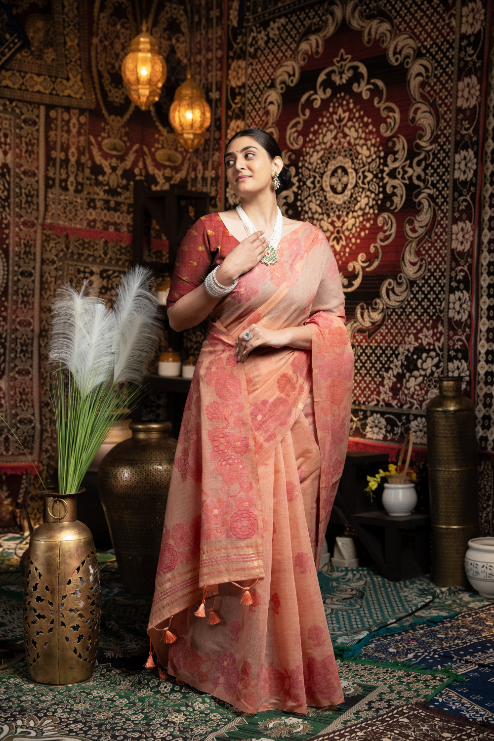 Peach Soft Cotton Jamdani Saree