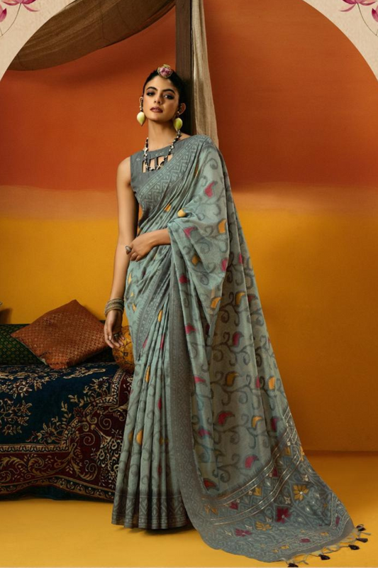 Grey Spun Handwoven Jamdani Saree