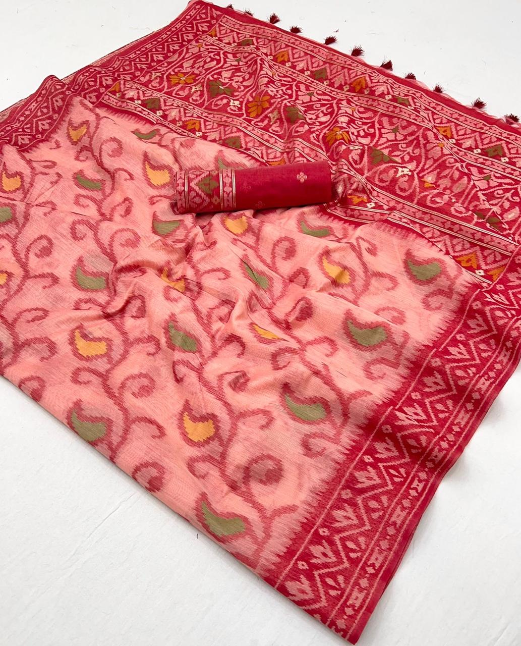 Peach Spun Handwoven Jamdani Saree