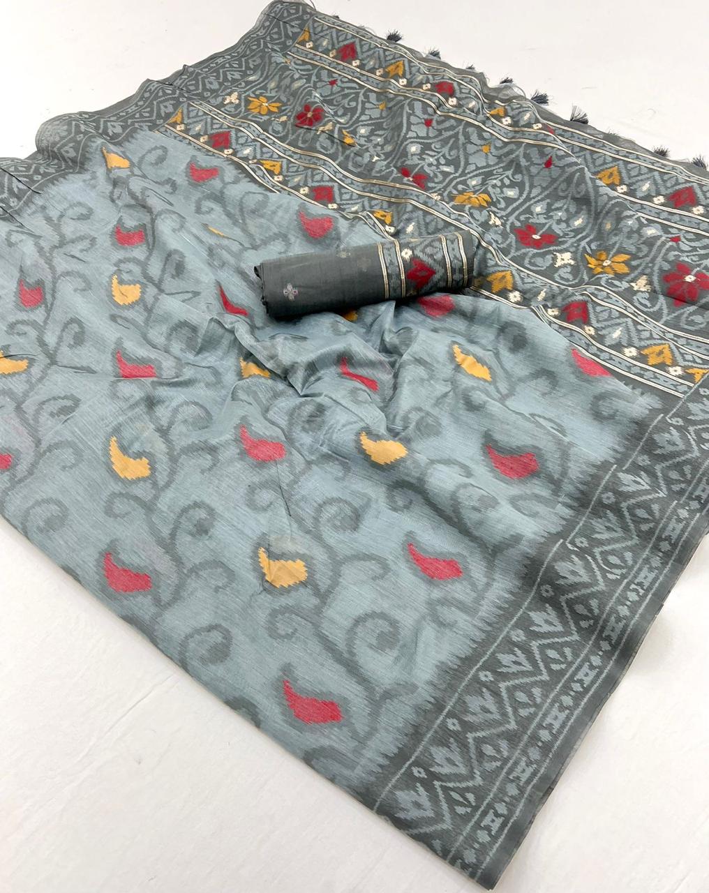 Grey Spun Handwoven Jamdani Saree