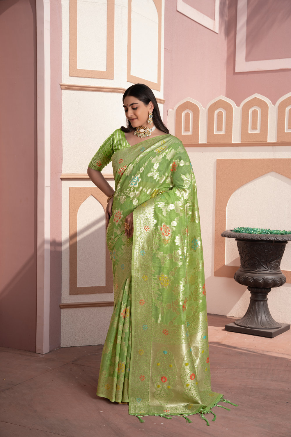 Green Banarasi Cotton Silk Saree