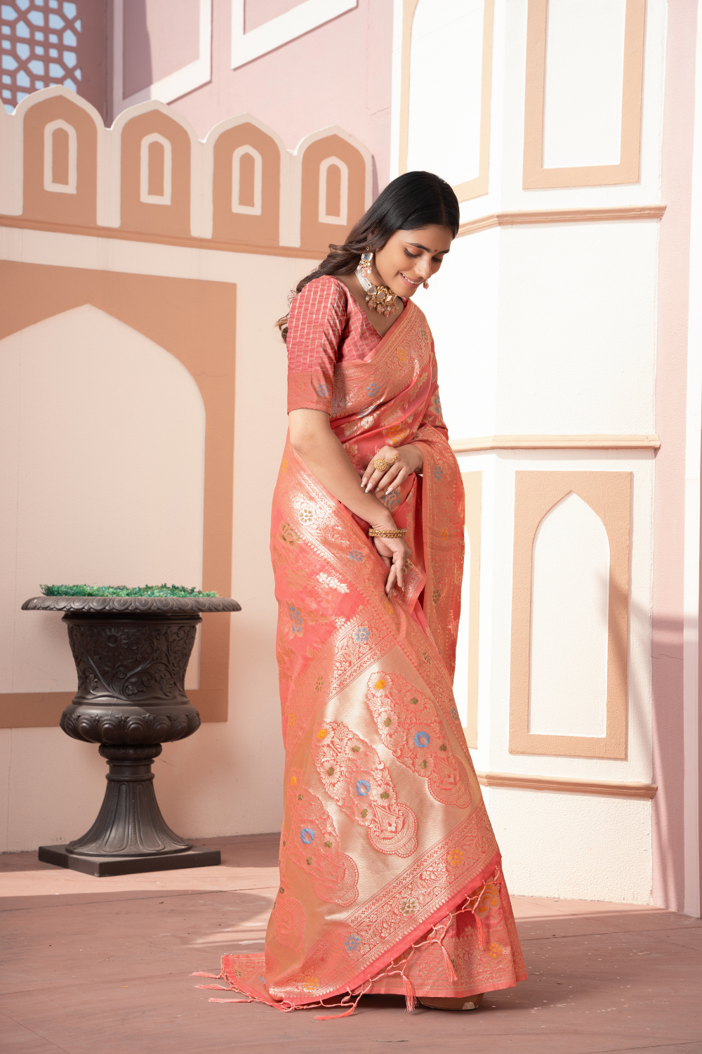 Peach Banarasi Cotton Silk Saree