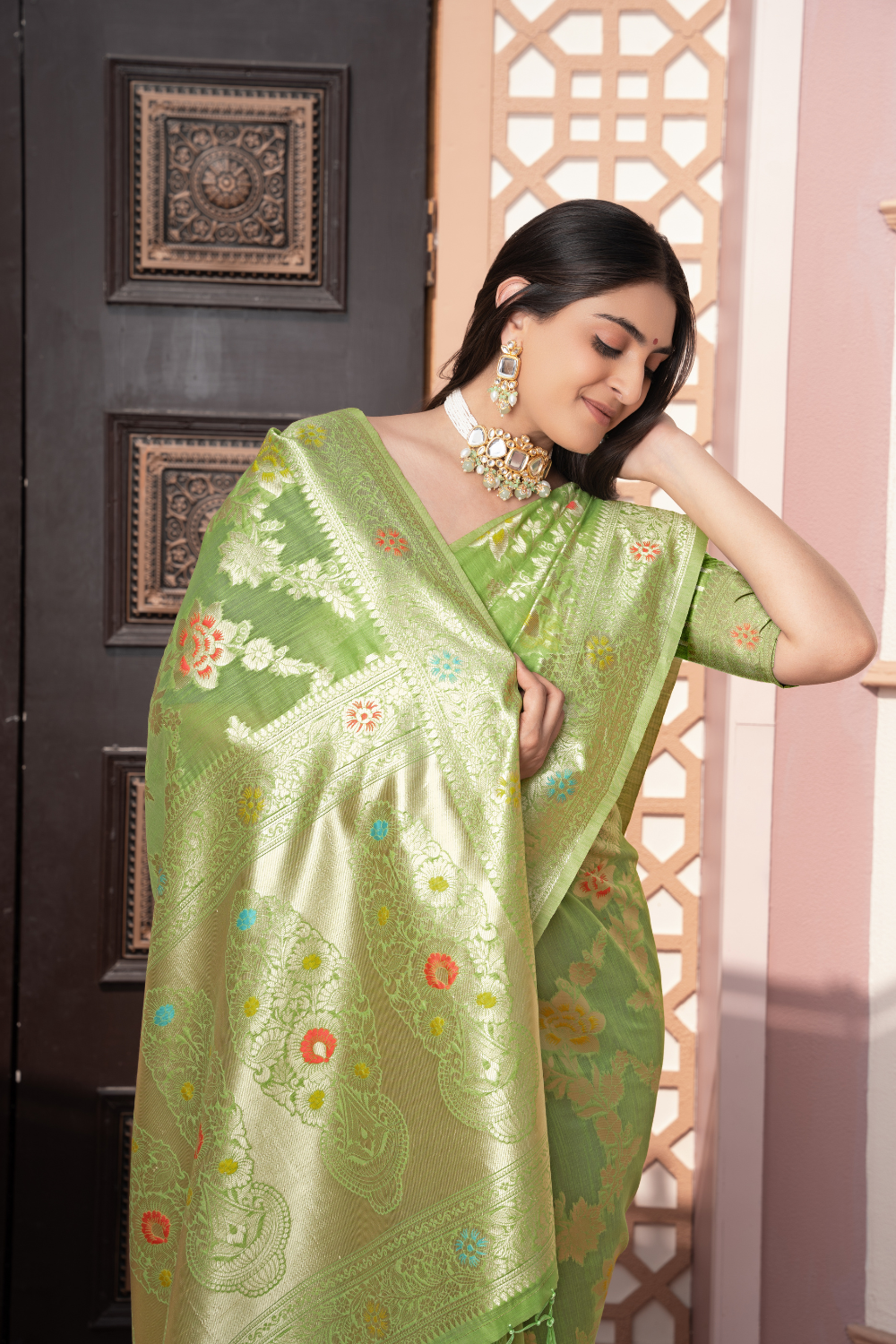 Green Banarasi Cotton Silk Saree