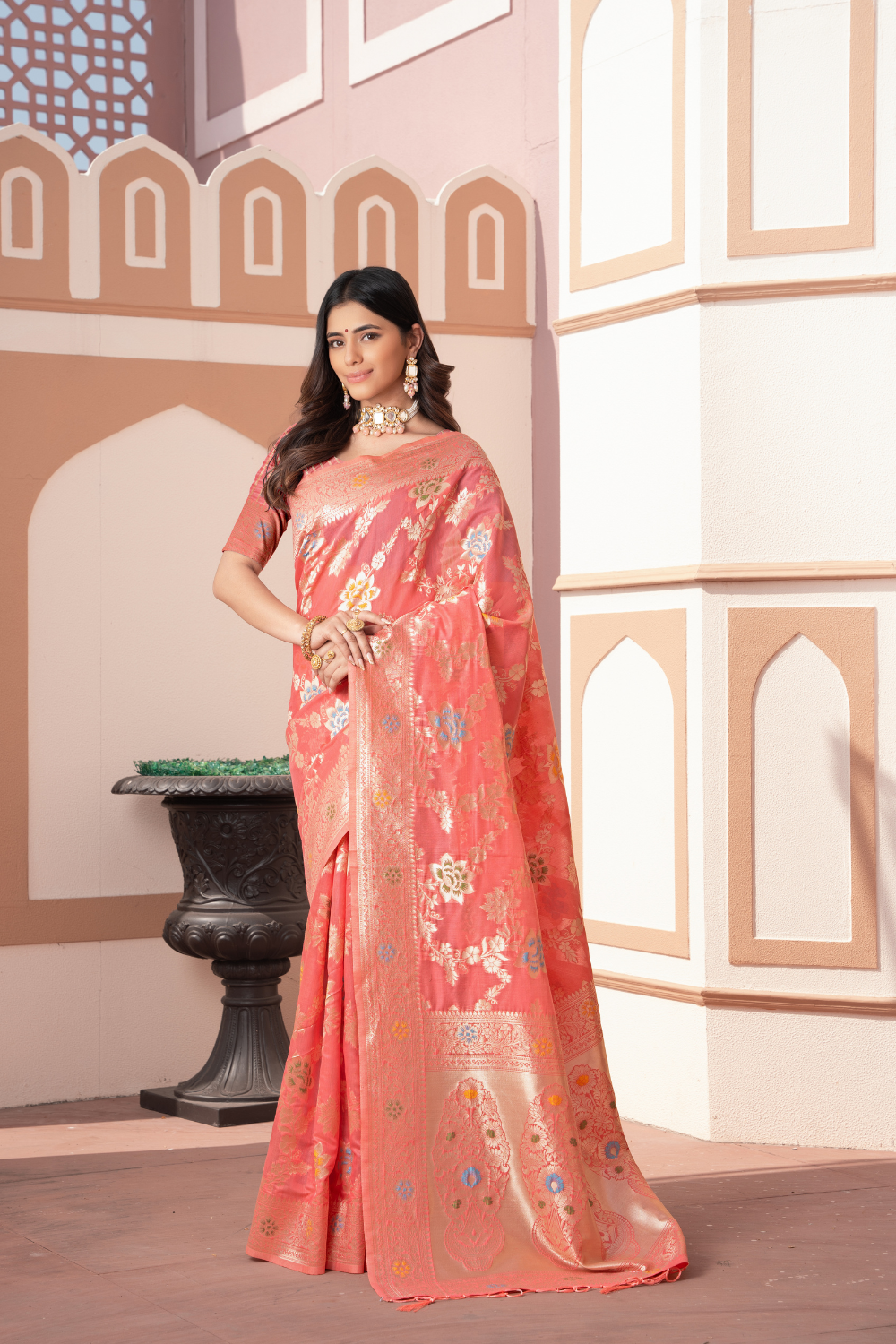 Peach Banarasi Cotton Silk Saree