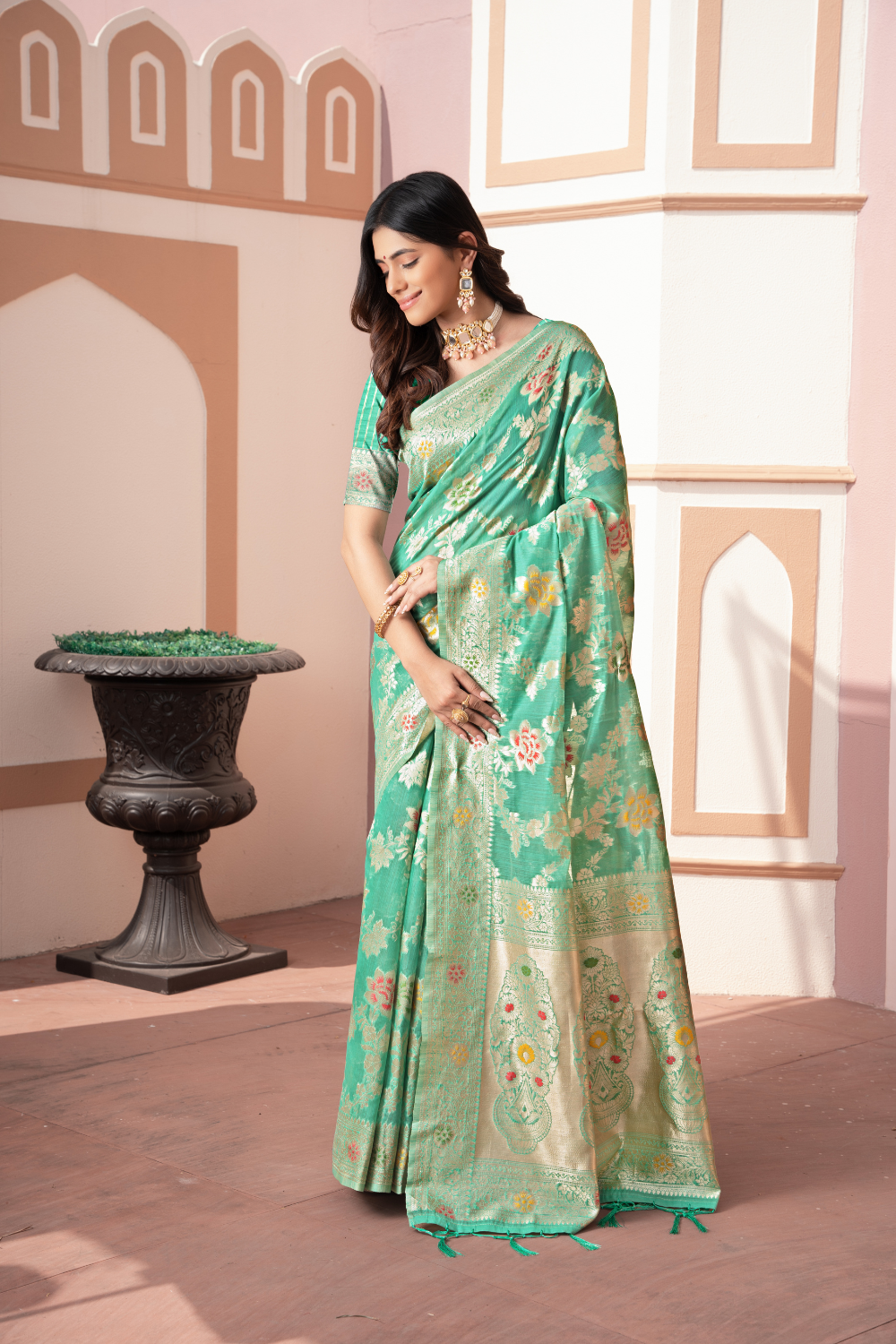 Green Banarasi Cotton Silk Saree