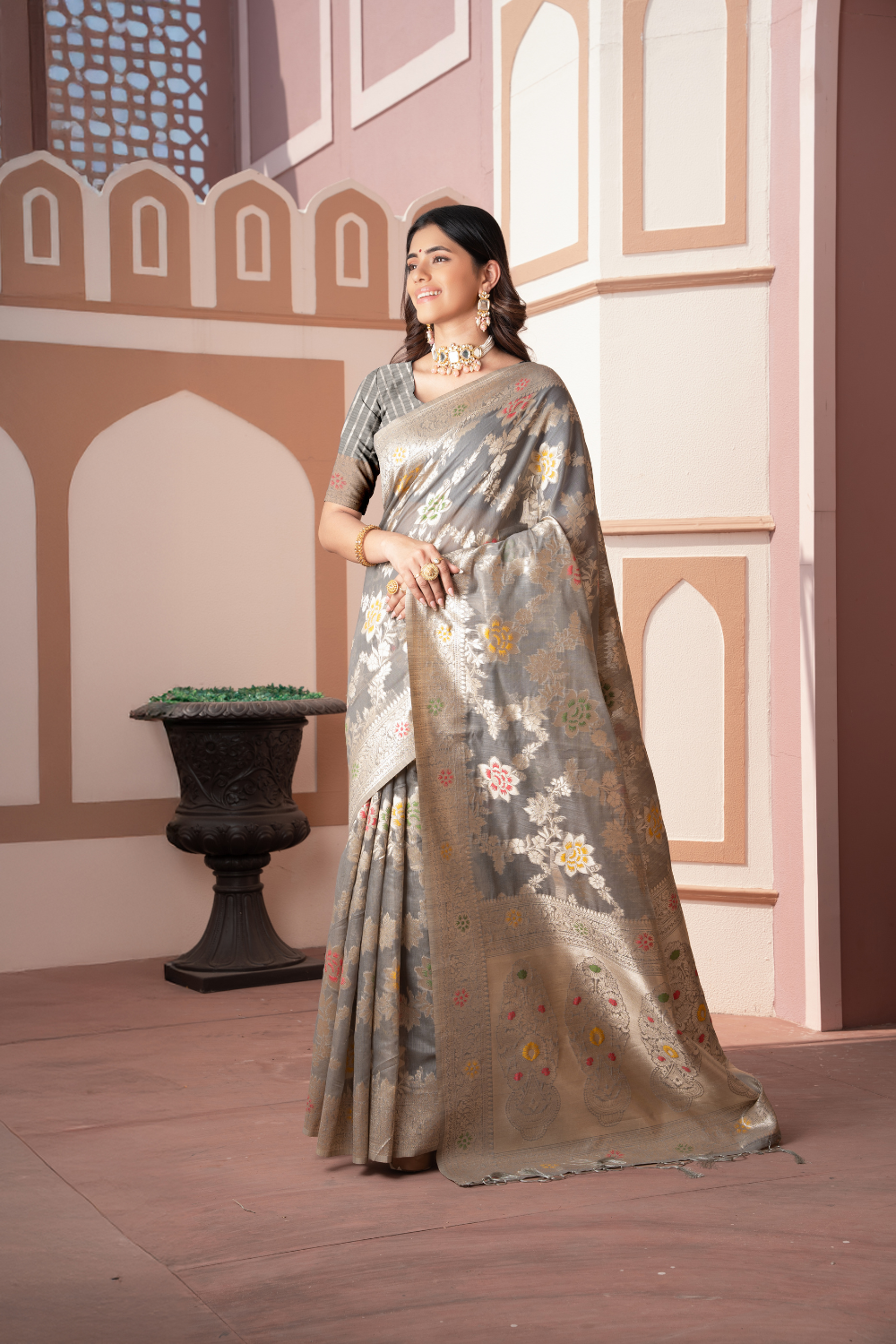 Grey Banarasi Cotton Silk Saree