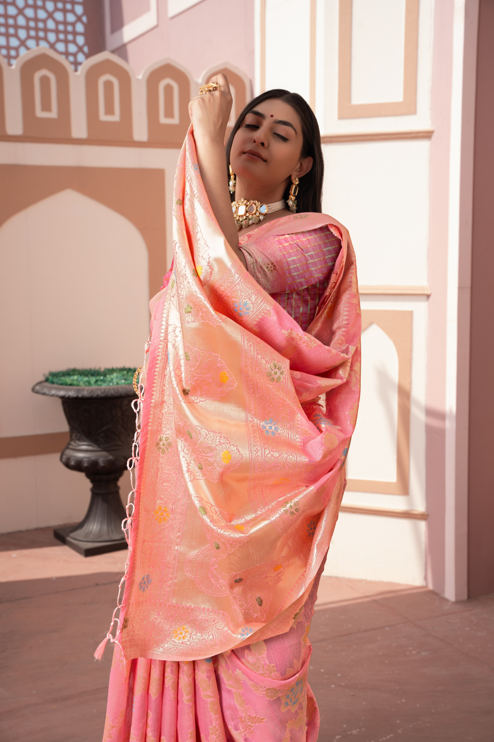 Pink Banarasi Cotton Silk Saree