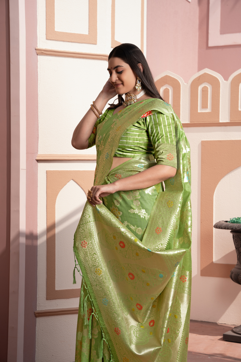 Green Banarasi Cotton Silk Saree