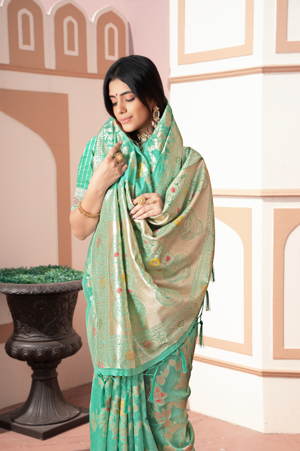 Green Banarasi Cotton Silk Saree