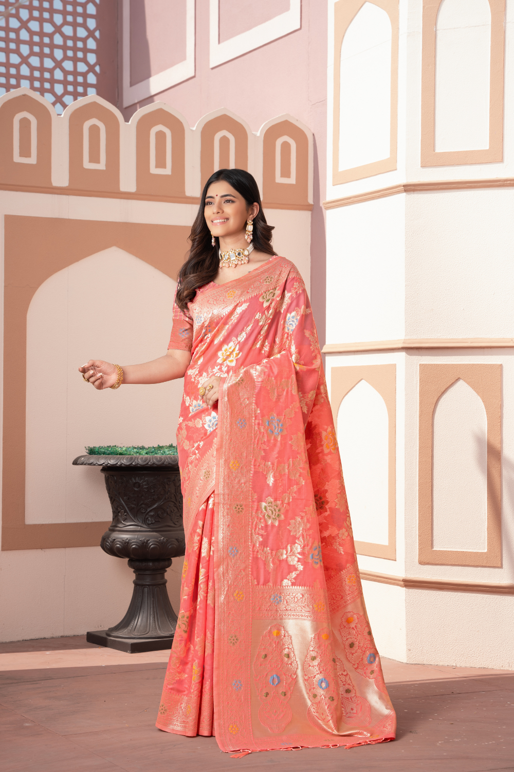 Peach Banarasi Cotton Silk Saree