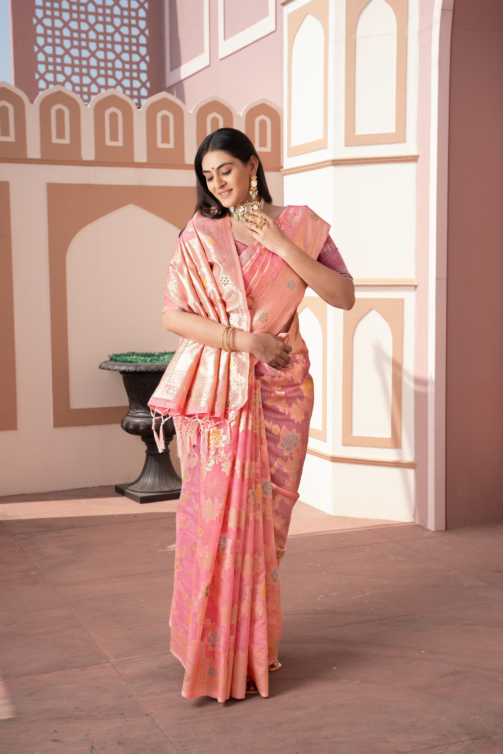 Pink Banarasi Cotton Silk Saree