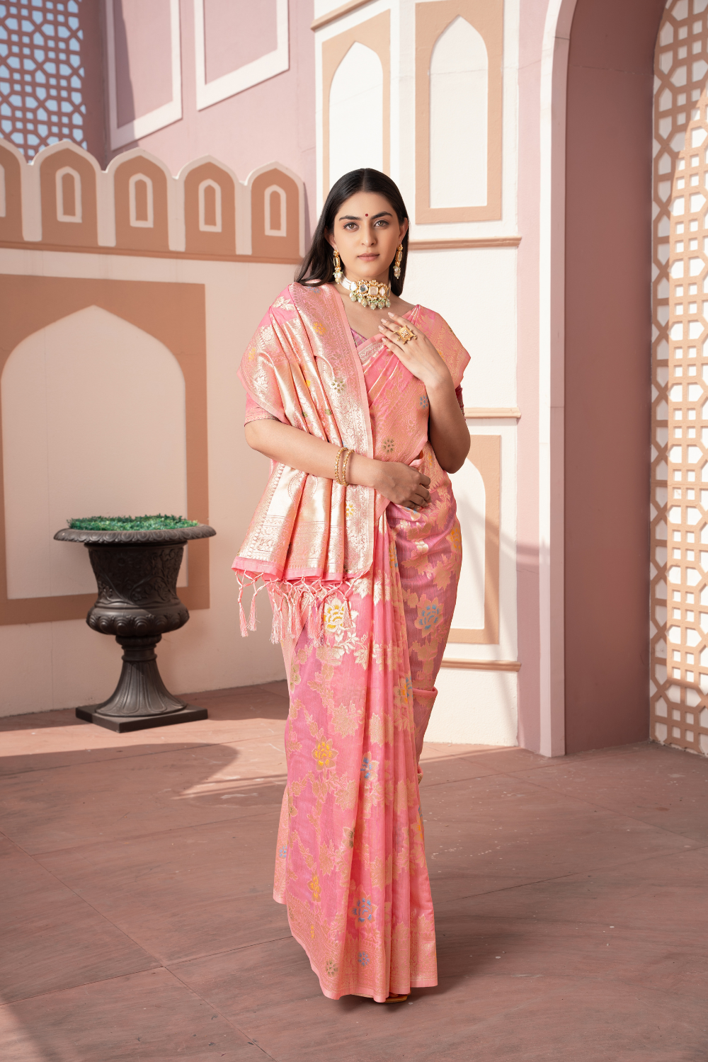 Pink Banarasi Cotton Silk Saree