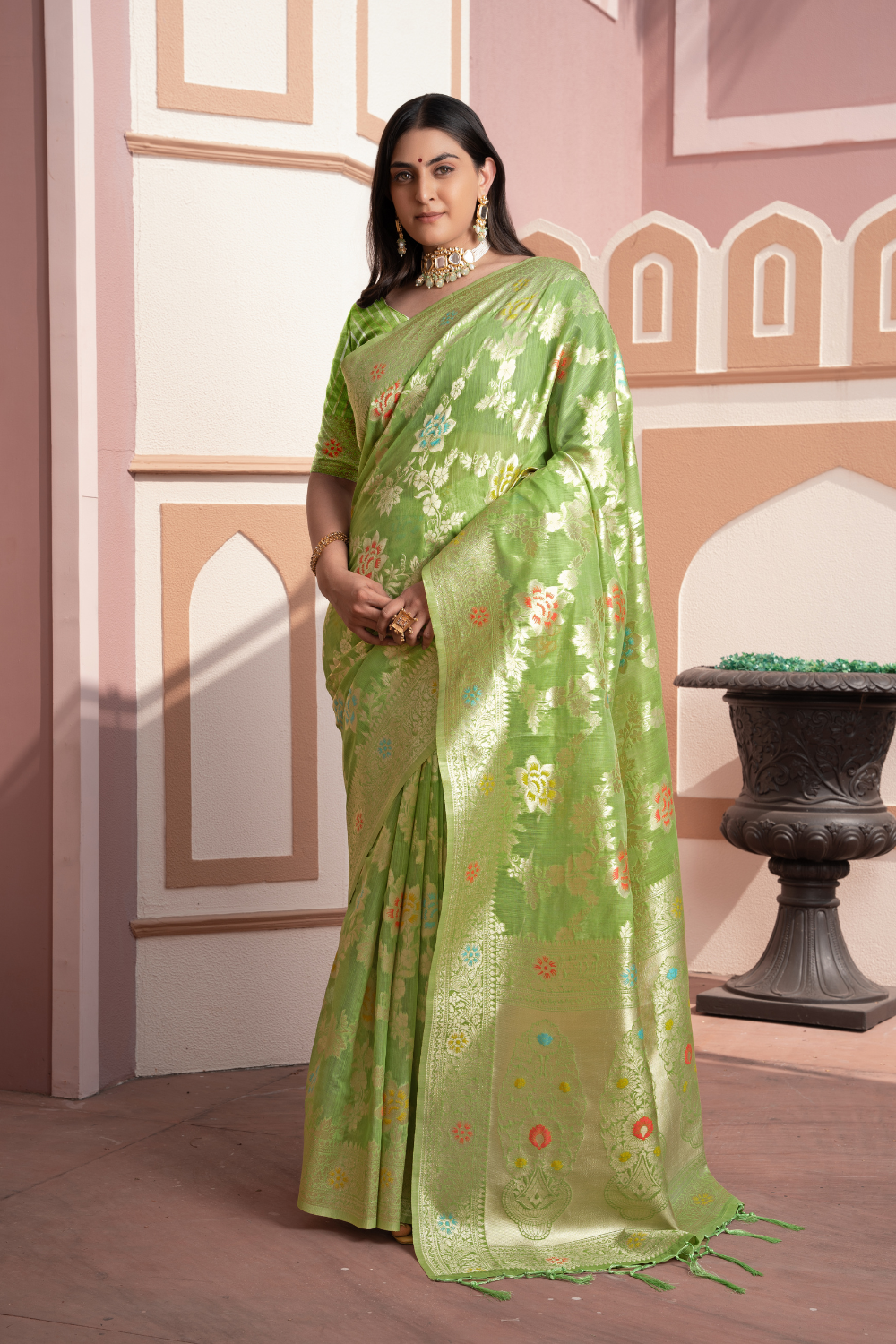 Green Banarasi Cotton Silk Saree