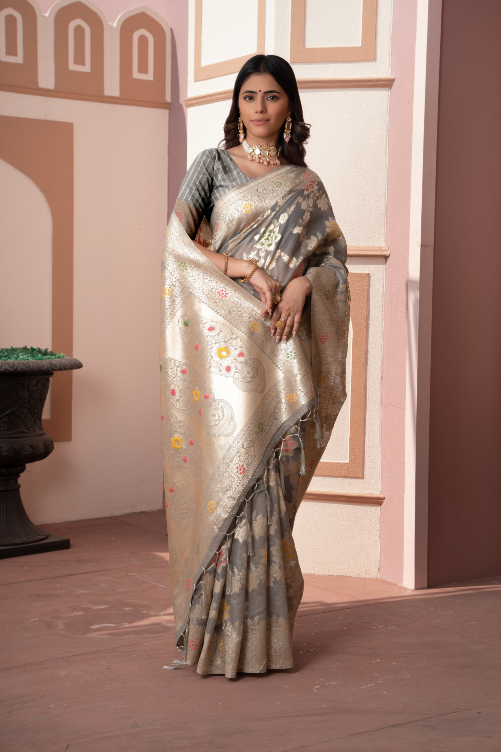 Grey Banarasi Cotton Silk Saree