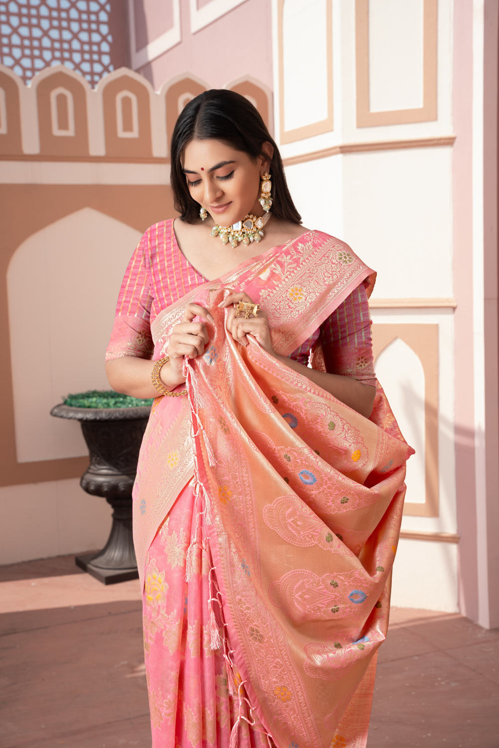 Pink Banarasi Cotton Silk Saree