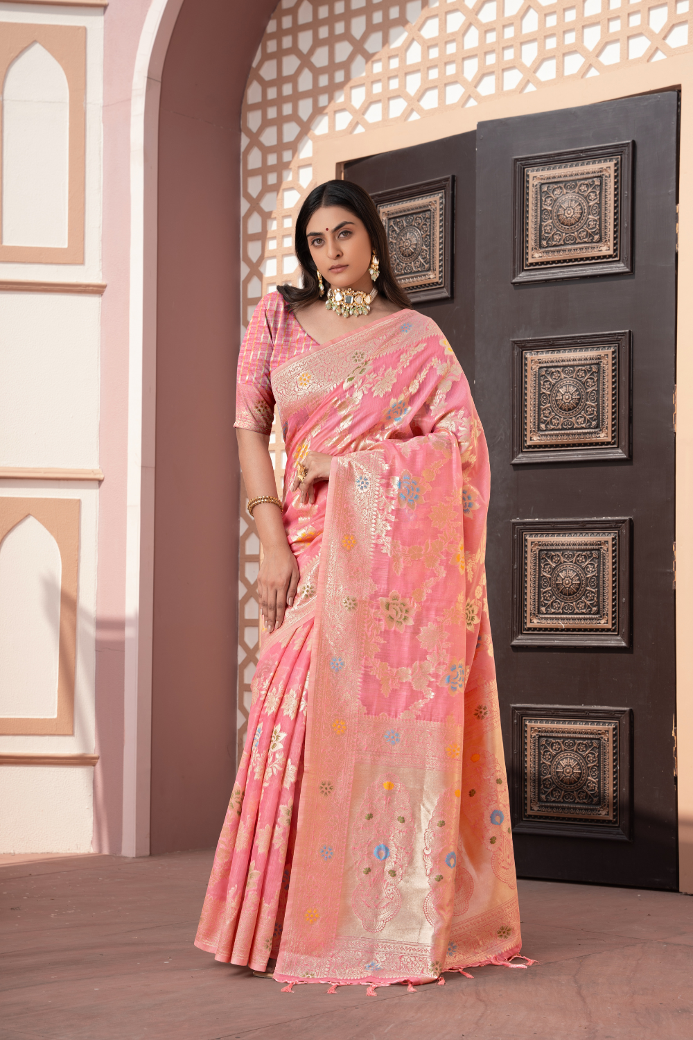 Pink Banarasi Cotton Silk Saree