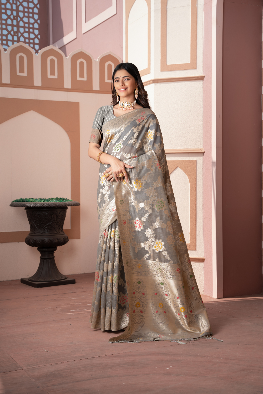 Grey Banarasi Cotton Silk Saree