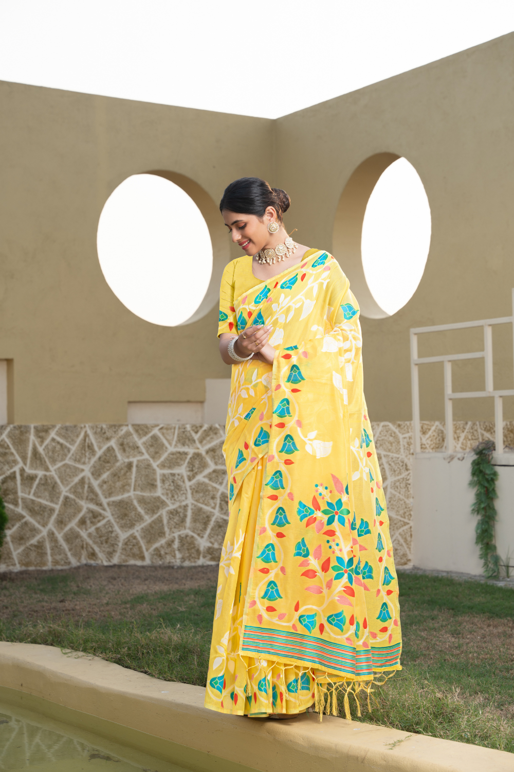 Yellow Soft Cotton Jamdani Saree