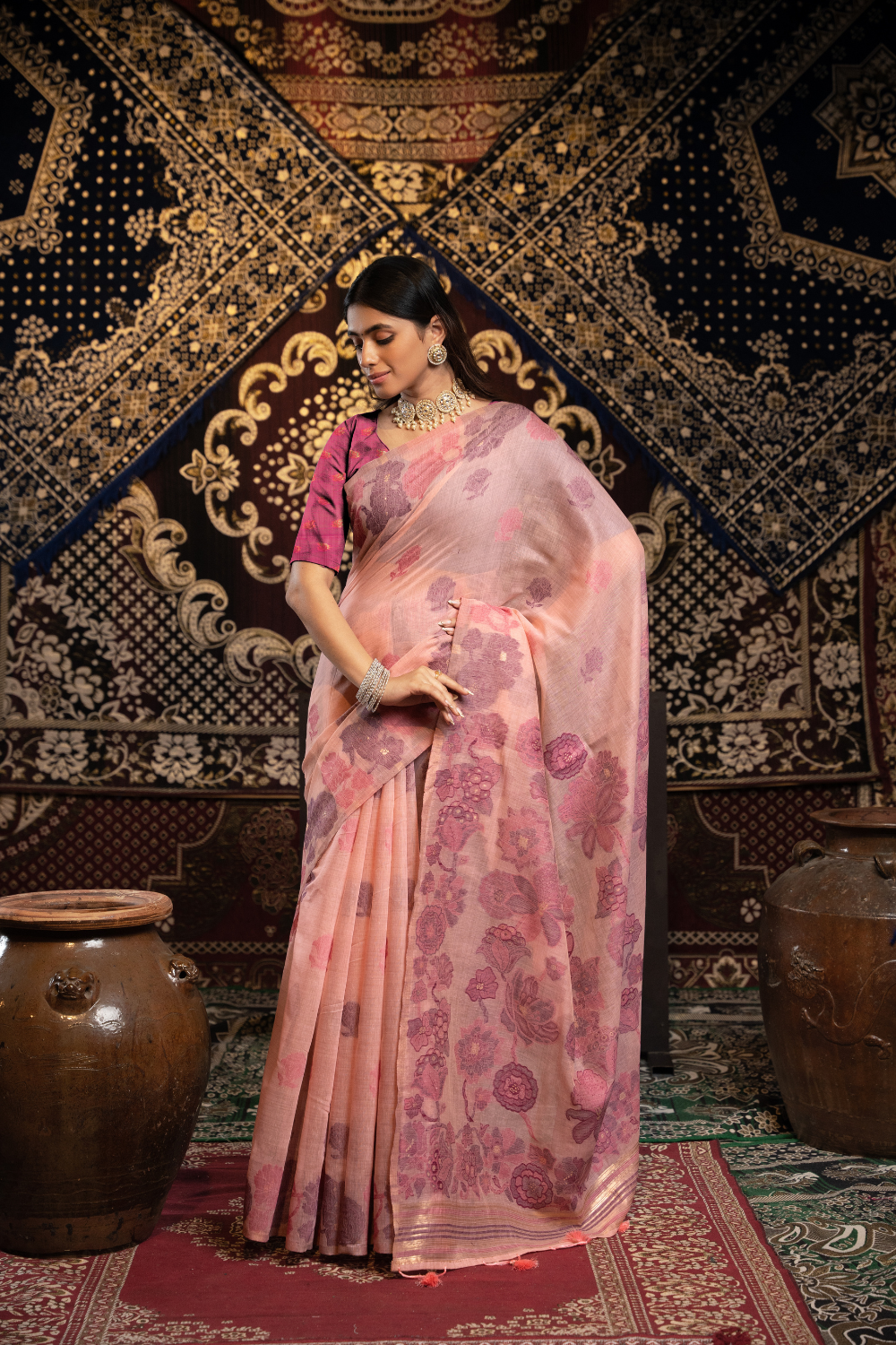 Pink Soft Cotton Jamdani Saree