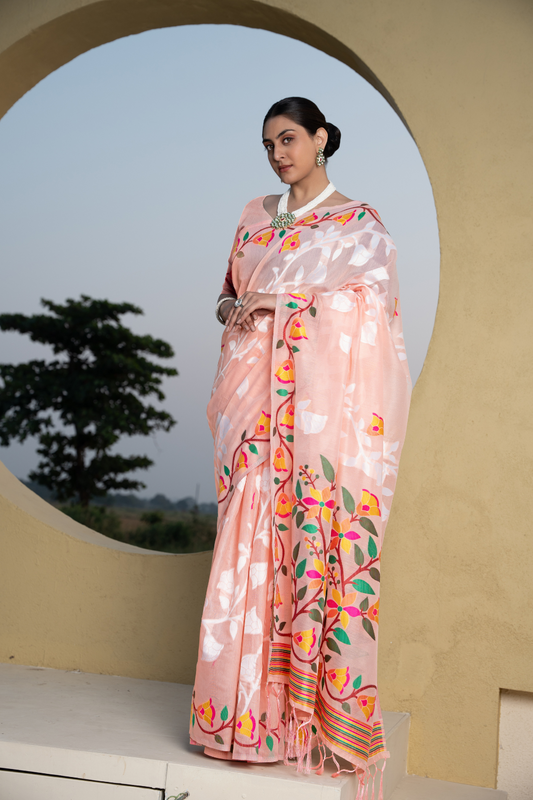 Peach Soft Cotton Jamdani Saree